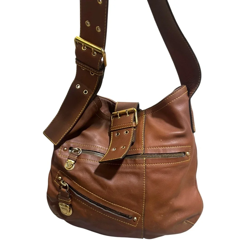 Marc Jacobs VTG Y2K Slouchy Brown Leather Hobo Bag Gold Hardware Italy 2000s
